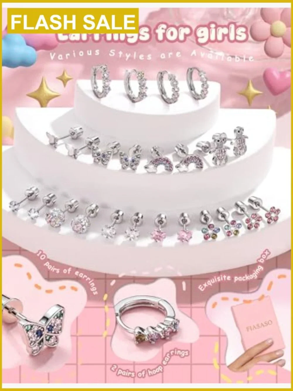 12 Pairs Hypoallergenic Stainless Steel Earrings for Girls with Screw Back